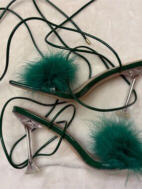 AZALEA WANG Stuck On Replay Green Feather Tie-Up Heels Size 11 Y2K Glam Sandals